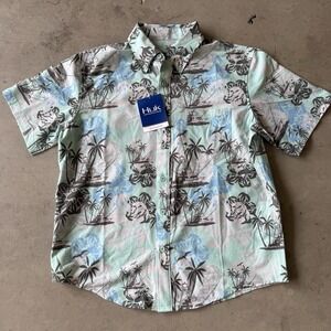 Mens Huk Kona Paradise Pass Button Down Shirt Palm Tree Boats‎ Size Small NWT